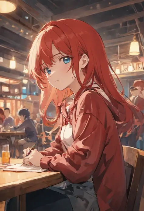 Anime character with red hair and blue eyes sitting at table, anime style 4 k, Anime style. 8K, red hoods, Stylized anime, High quality anime art style, anime stylized, anime style character, Anime Art Style, In anime style, 2 d anime style, epic anime sty...