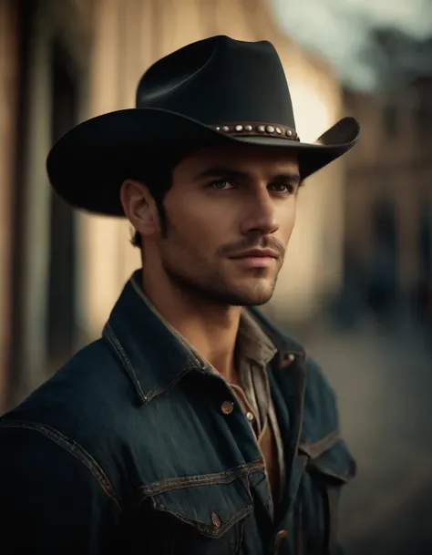 cinematic portrait, ((upper-body)), face facing audience, (Reality :1.3), The most beautiful photo in the world, Young guy looking at the camera, Vintage denim outfits, Cowboy Western, detailed beautiful face, action shot, (Intricate :1.4), Western Backgro...