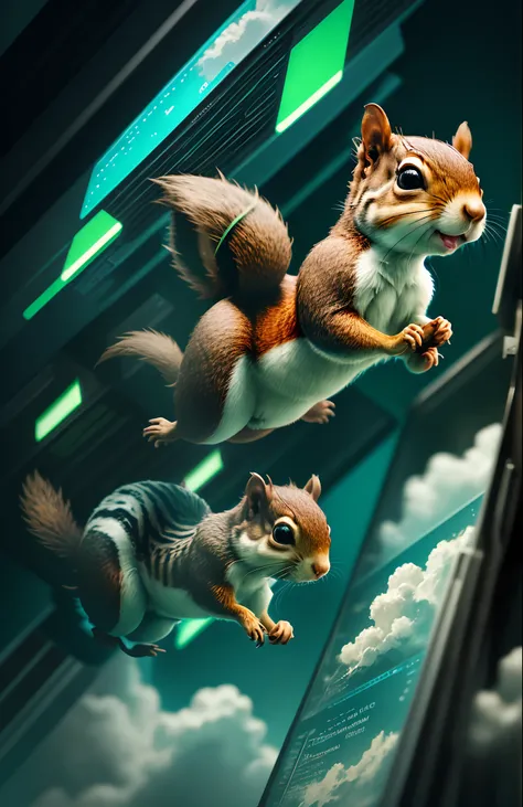 squirrel jumping on cloud servers. greys, greens, minimalism, surrealism, matrix film style --auto --s2