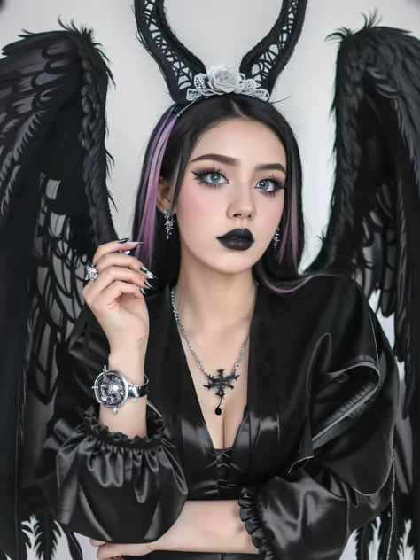 HighestQuali，tmasterpiece：1.2，Detailed details，1 Gothic girl，black lips，an angel dressed in black on a Halloween background, in the style of cluj school, flowerpunk, halloween, social media portraiture, high quality photo, quito school, honeycor，