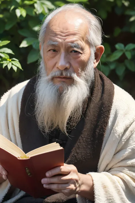 An old man with traditional Chinese thinking，Real frontal photos，Authentic background，The background is nature，holding books，worn-out clothing，Face full of wrinkles，80 years old Chinese medicine practitioner，Wise eyes，The beard is white，male people，country...