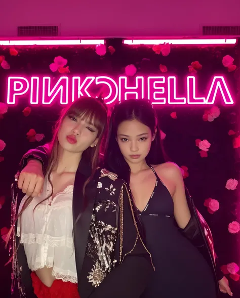 Duas mulheres posando para uma foto em frente a uma placa rosa, Lalisa Manobal, Lalisa Manoban do Blackpink, rosa preto, jossi do rosa preto, jennie rosa preto, Parque Roseanne do Blackpink, exofilia, Album art, 🎀 🧟 🍓 🧚, arte oficial, ❤🔥🍄🌪, Danila Tkachenk...