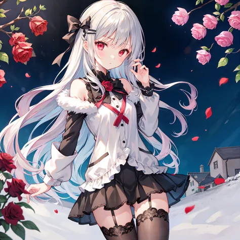 Girl with gray hair and red eyes、Fluffy clothes、Surrounded by roses、a miniskirt、Black tights、