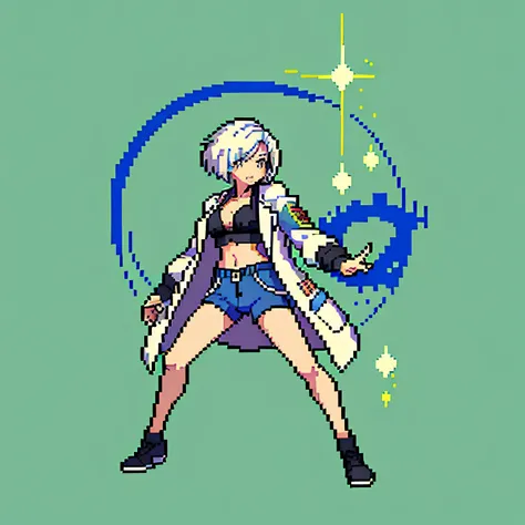 (masterpiece, top quality, best quality, less detail, 8-bit color), pixel,pixel art, lab coat,full body, attack pose, us style, ...