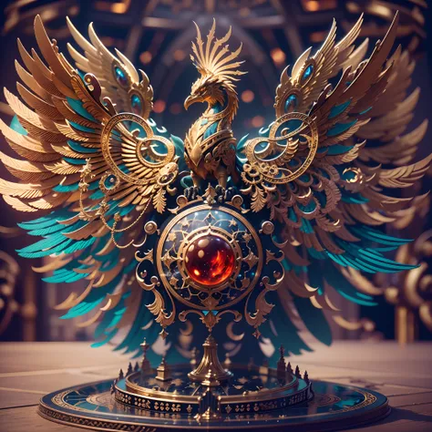 in a panoramic view，photorealestic，A giant golden mechanical phoenix flying in space，The modular composition of the whole body gold machinery，Gold and precious metal casting，blue gem eyes，The tail is a red gem，It features charming Ottoman decorative motifs...