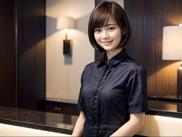 49
(An 18-year-old woman), (A hyper-realistic), (masutepiece), Short bob cut, Concierge at the hotel reception, kindly smile