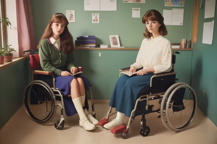 year: 1986. Location: Sweden. Pre-Raphaelite scene with a 22-year-old woman in a wheelchair, literature teacher, school classroom, ((((Clothing from the 1980s)))) ((Hairstyle of the 1980s)), ((("OMITB" cinematography)))