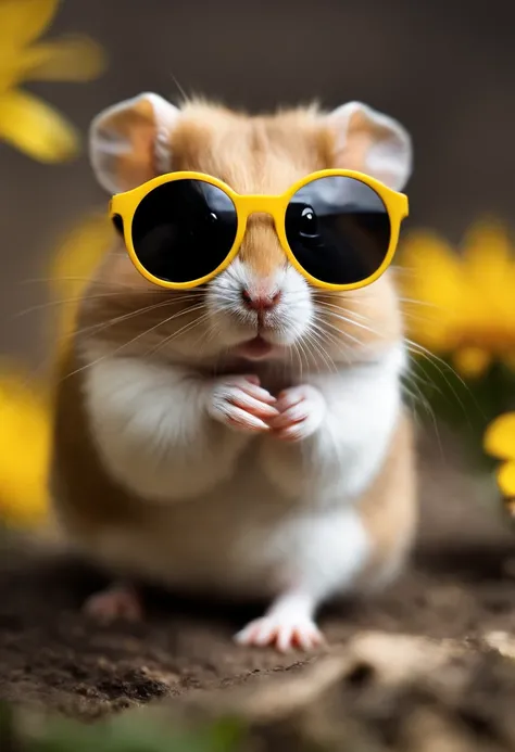 hamster amarillo con gafas de sol negras apoyado de pie parando con una mano una rueda grande de color blanco