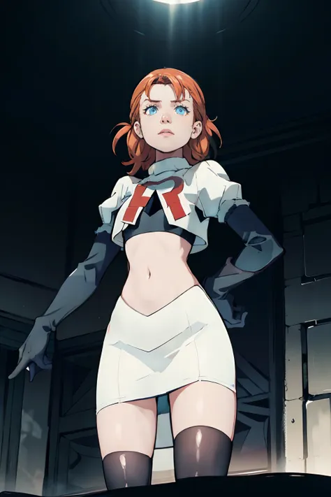 annette war is wearing the team rocket uniform, which consists of a white skirt and a white crop top. she completes her outfit w...