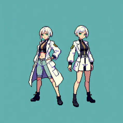 (masterpiece, top quality, best quality, less detail, 8-bit color), pixel,pixel art, lab coat,full body, attack pose, us style, ...