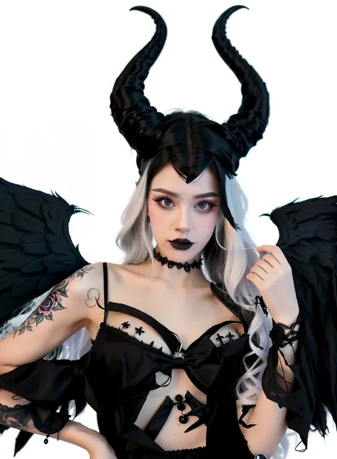 HighestQuali,tmasterpiece:1.2,Detailed details,1 Gothic girl,black lips,an angel dressed in black on a Halloween background, in the style of cluj school, flowerpunk, halloween, social media portraiture, high quality photo, quito school, honeycor,white hair