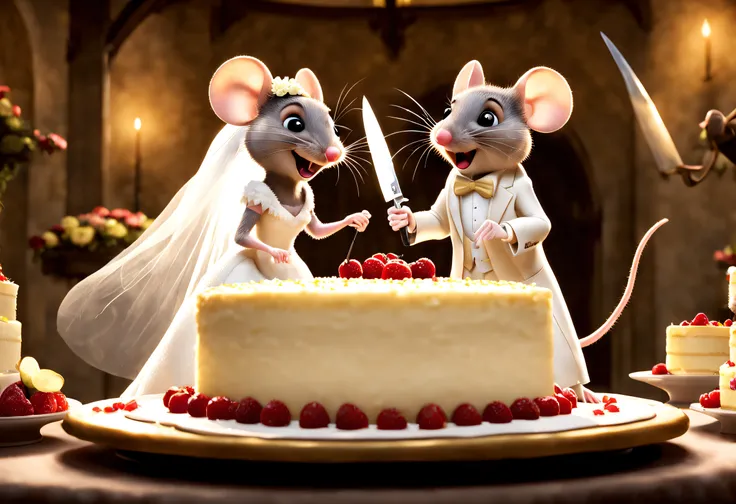 A funny newlywed couple of a mouse and a female mouse dressed in wedding clothes cutting the big wedding cheesecake with a huge knife, the invited mice applaud behind the bride and groom, backlit scene. Image taken from a Disney animated film.