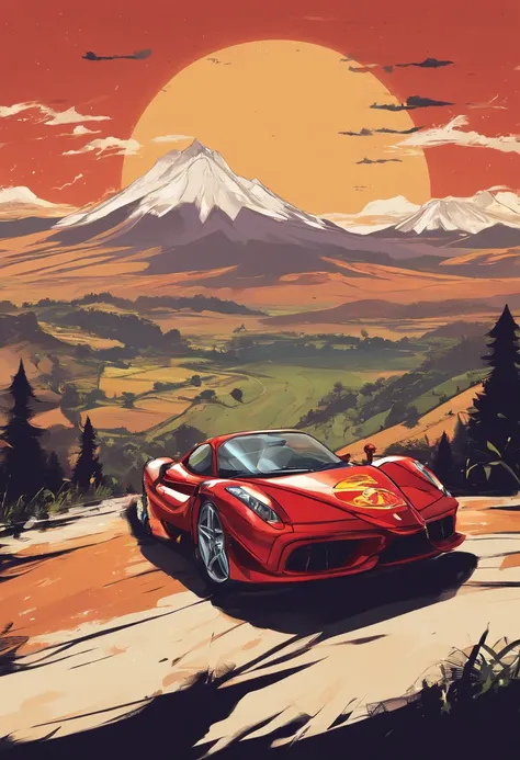 T-shirt design, Genshin Impact Graphics, vector, Ferrari Enzo against the backdrop of beautiful scenery, detailed illustration, And retro style