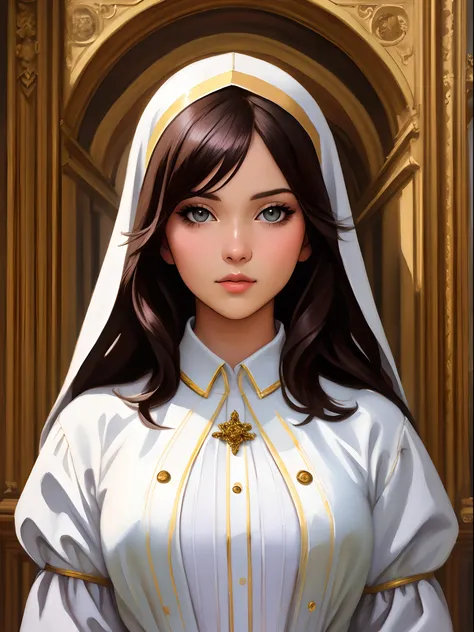 Beautiful ultra-thin realistic portrait of the Virgin Mary, White outfit with blue details, ((deity)), full - body, biblical, Realistic, intricate details, Abbott Fuller Graves, Bartolome Esteban Murillo, J.C. Leyendecker, by Craig Mullins, by Peter Paul R...