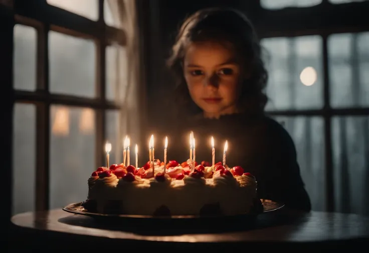 there is a little woman holding a ceesecake birthday in front of a window, birthday party, dark room with ambient lighting, a photorealistic painting by irakli nadar, unsplash contest winner, hyperrealism, brandon woelfel, dark moody lighting, moody cinema...