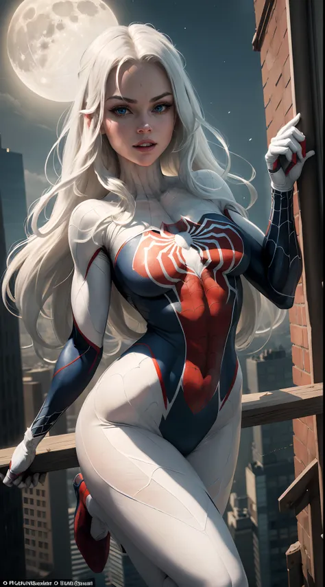 (Masterpiece, 4k resolution, ultra-realistic, very detailed), (White superhero theme, charismatic, theres a girl on top of town, wearing Spider-Man costume, shes a superhero), [ ((25 years), (long white hair:1.2), full body, (blue eyes:1.2), ((Spider-Man p...