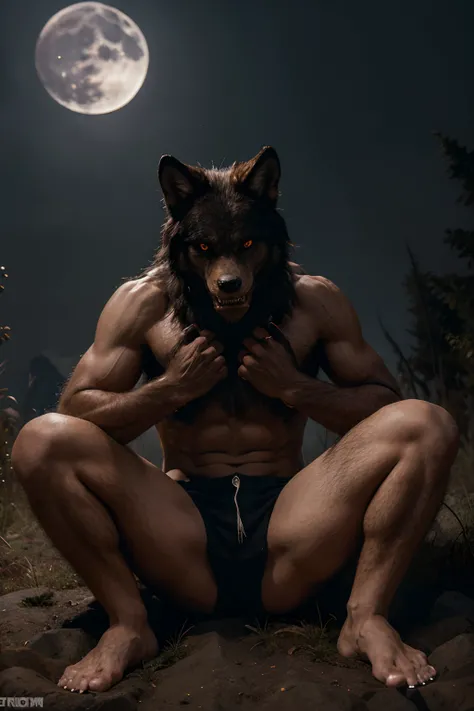 Animal anthropomorphism，werecreature，A man with teeth and claws，Wolfs head，Human body type，Human limbs，The body is covered with hair，is wearing a shorts，Ragged shorts，Hands and feet of wolves，Teeth and claws，full-body portraits，Roar in the moonlight