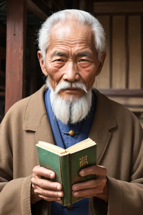 An old man with traditional Chinese thinking，Real frontal photos，Authentic background，The background is nature，holding books，worn-out clothing，Face full of wrinkles，80 years old Chinese medicine practitioner，Wise eyes，The beard is white，male people，country...