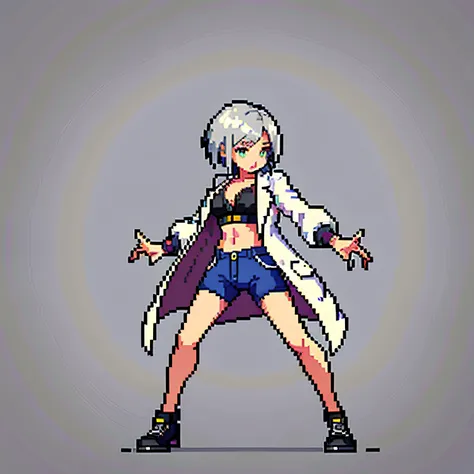 (masterpiece, top quality, best quality, less detail, 8-bit color), pixel,pixel art,1girl, lab coat,full body, attack pose, us s...