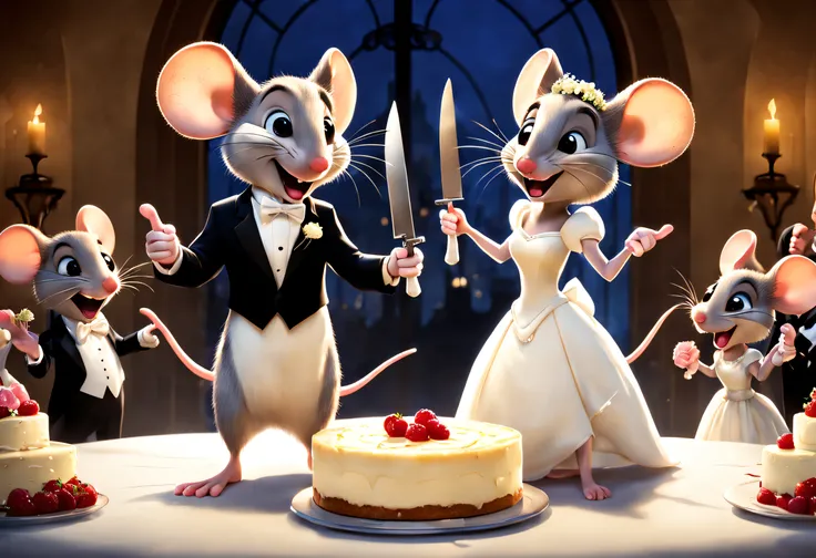 A funny newlywed couple of a mouse and a female mouse dressed in wedding clothes cutting the big wedding cheesecake with a huge knife, the invited mice applaud behind the bride and groom, backlit scene. Image taken from a Disney animated film.