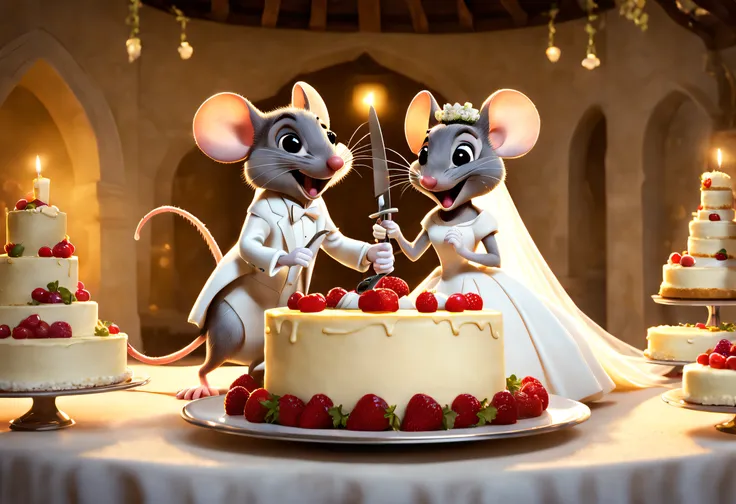 A funny newlywed couple of a mouse and a female mouse dressed in wedding clothes cutting the big wedding cheesecake with a huge knife, the invited mice applaud behind the bride and groom, backlit scene. Image taken from a Disney animated film.