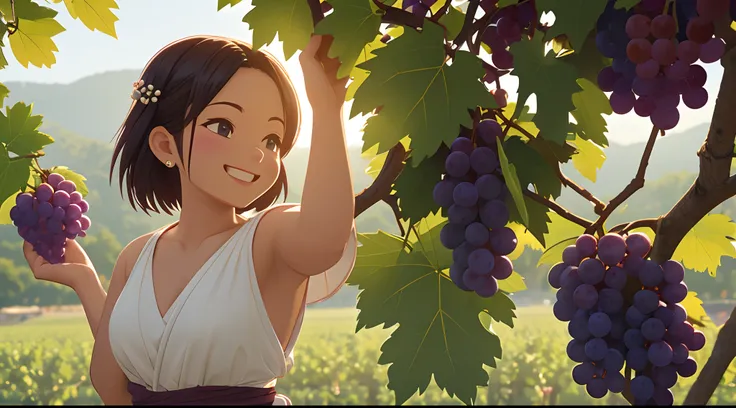 Octane Render、(Hyper-detailing: 1.15)、(Soft light、sharp: 1.2)、morning、Harvesting grapes, Enjoy grape picking、Distinctive ethnic hair ornaments、 Fuji Film, F/4.0, masutepiece, Anatomically correct、A smile, radiant light