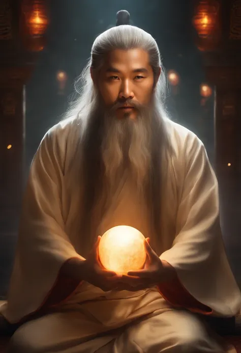 Close up portrait of 30 year old middle aged asian man，Holding a glowing ball in your hand,long to, whitish hair，Longasa Beard，Cross-legged sitting meditation、Ignite the magical aura around you，Master of Taoism,Taoist