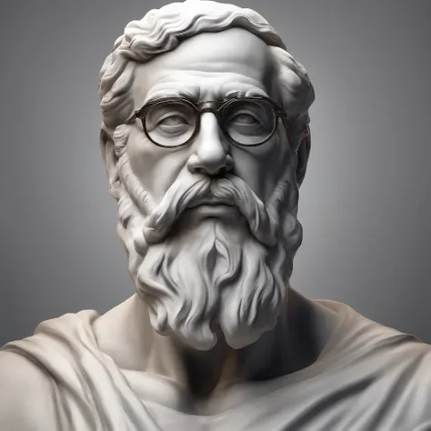 Greek philosophy white marble statue with beard and muscles, glasses, cinemactic, 8k, fundo escuro, Detailed symmetrical realistic face, textura natural extremamente detalhada, peach fluff, short hair, master part, Absurdos, Foto premiada por Lee Jeffries,...