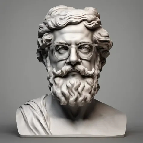 Greek philosophy white marble statue with beard and muscles, glasses, cinemactic, 8k, fundo escuro, Detailed symmetrical realistic face, textura natural extremamente detalhada, peach fluff, short hair, master part, Absurdos, Foto premiada por Lee Jeffries,...