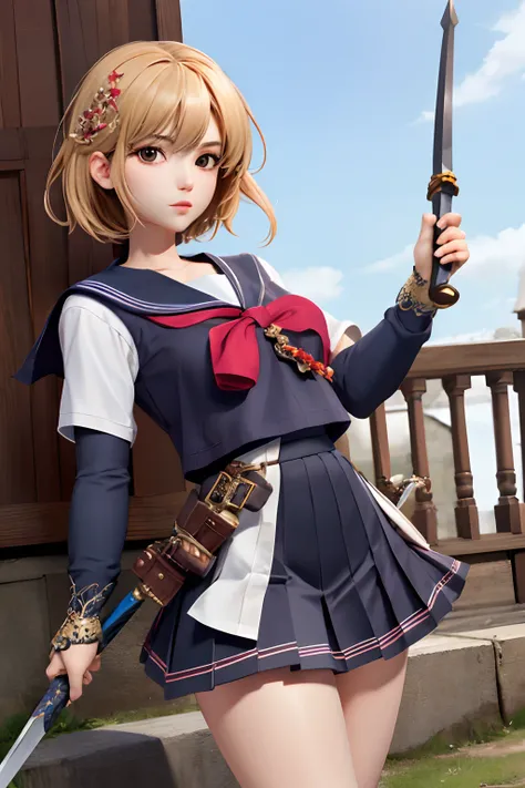 1girl, looking at viewer,  serafuku, pleated skirt,  holding sword,
masterpiece, best quality, 8k, detailed skin texture, detailed cloth texture,  beautiful detailed face, intricate details, ultra detailed