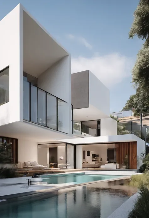 Modern Minimal White Dublex House, exterior, material : wood, yuri, concrete, Water in the pool, Where there is a pool in the yard, Lux car in the yard