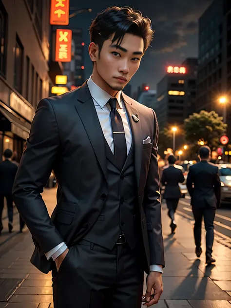 Male handsome Asian face wearing suit night in the city