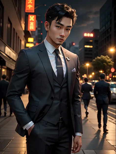 Male handsome Asian face wearing suit night in the city