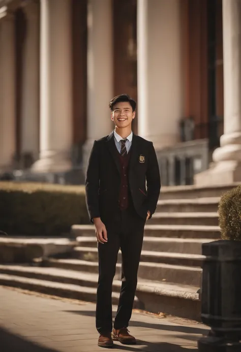 A handsome and tall college-aged male student with Chinese features, wearing a school uniform, standing confidently in front of a university building. He has a friendly smile and his eyes are bright and expressive. The scene is set during a sunny day, with...