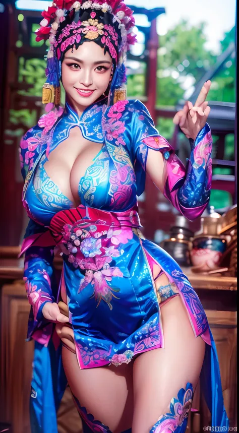 1girl, (Photoreal Stick:1.2), (Beautuful Women,Wearing Peking Opera costumes:1.4)，Cowboy Shot、beautiful countenance、A detailed face、(kindly smile:1.2)、perfectly proportions、爆乳、Drop-shaped chest、big breasts thin waist、nabel、big butts、Crotch gap、Large Thigh、...