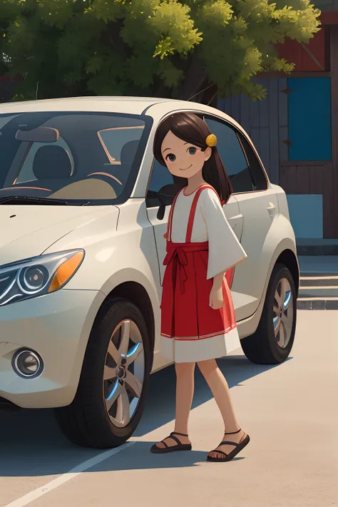 Octane Render、(Hyper-detailing: 1.15)、(Soft light、sharp: 1.2)、morning、Little girl posing in front of colorful EV in parking lot near beach, Traditional costumes、Distinctive ethnic hair ornaments、Characteristic ethnic shoes、 Fuji Film, F/4.0, masutepiece, A...