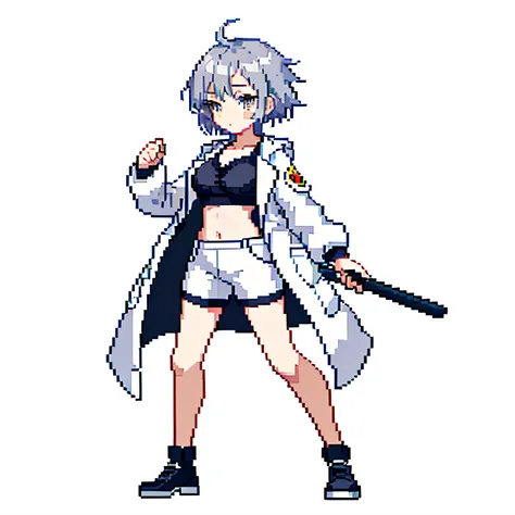 (masterpiece, top quality, best quality, less detail, 8-bit color), pixel,pixel art,1girl, lab coat,full body, attack pose, US style, poor jacket, game asset, simple silver hair, simple bra on top, simple short pant