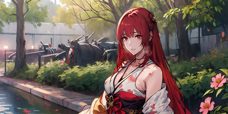 verapgr_rozen, (long hair, red hair, hariband:1.5), (red eyes:1.5), breasts, epic art, fantasy, 1girl, flower, japanese_clothes, kimono, solo, pink_flower, sash, day, obi, tree, outdoors, long_sleeves, breasts, upper_body, parted_lips, wide_sleeves, looki...