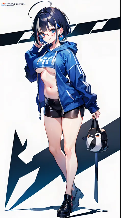 ((1girl)),(((full body))),(solo),(standing),front view,(((white background,simple background))),concept art,cowboy shot,looking at biewer,Dark blue hair,streaked hair,short hair, (((medium breasts))), Navel exposed, plump thighs, tareme, glasses, ((light s...