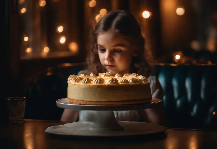 there is a little woman holding a cheesecake birthday in front of a window, detailed cheesecake, crumbs of cheese on her cheeks, detailed face an eyes, birthday party, dark room with ambient lighting, highly detailed, intricate detail, lots of detail, dyna...