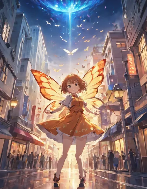 (best quality,highres:1.2),ultra-detailed,(realistic:1.37),Butterfly flying in the city sky,illustration,cityscape,nature,urban environments,beautiful detailed wings,vibrant colors,lifelike,bokeh,night scene,lamp post,unique perspective,mysterious ambiance