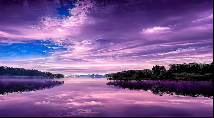 Purple clouds are reflected in the lake, Purple beautiful sky, violet sky, soft lilac skies, purple omnious sky, Purple sky, purple sunset, soft purple glow, stunning skies, Beautiful sky, beautiful lake background, purple water, Really beautiful nature, b...