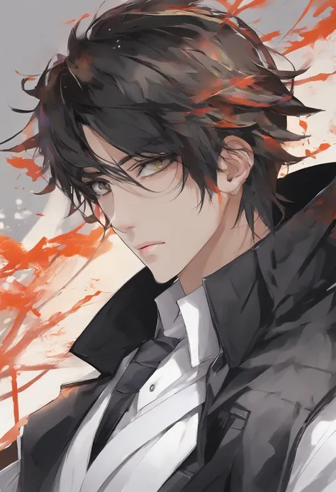 Male, has sharp black eyes, well-proportioned face, cool expression with hair neatly combed back, wearing long black coat, double-breasted black leather vest and white shirt, painting style, WLOP maker, WLOP drawing style.