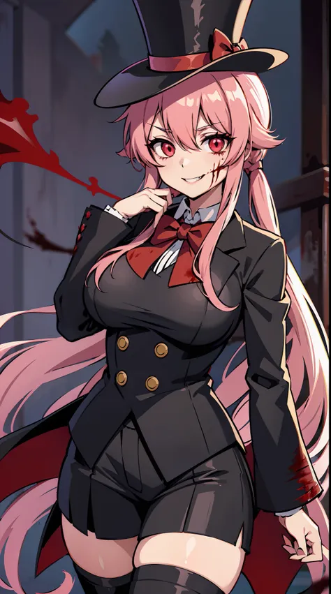 yuno gasai, long hair, pink hair, smile, low twintails, yuno gasai, (Black, Lilien Tailcoat Black Pure Rose:1.37), (large breasts:1.5), 1girl, red eyes, (night:1.1), (evil eyes:1.1), Ladies Lace Up Boots, blood, (black trousers:1.1), (out door:1.5), (top h...