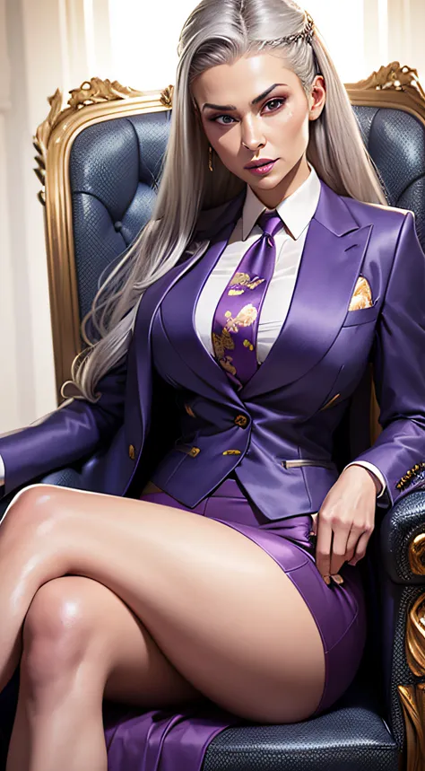 1 woman, SFW, perfect lighting, seios grandes,
gray hair
Sindels Hair
long hair pulled back
Long, straight hair back
multicolored hair,
Sindel, 8k, perfect hands,((obra-prima)), purple skirt suit, satin suit and tie, (((three-piece suit))), silk dress shir...