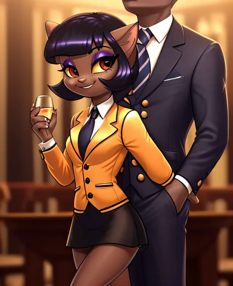 female, (Detailed face), (solo:1.1), [(thin:1.1) : small petite : (ivy pepper):4], (Detailed face), (more details, detailed background:1.1), (tail:1.1), smile, holding a glass in hand, satin skirt suit, pinstripe suit and tie, (((three-piece suit))), ((sui...