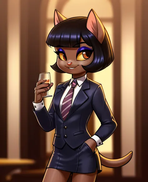 female, (Detailed face), (solo:1.1), [(thin:1.1) : small petite : (ivy pepper):4], (Detailed face), (more details, detailed background:1.1), (tail:1.1), smile, holding a glass in hand, satin skirt suit, pinstripe suit and tie, (((three-piece suit))), ((sui...