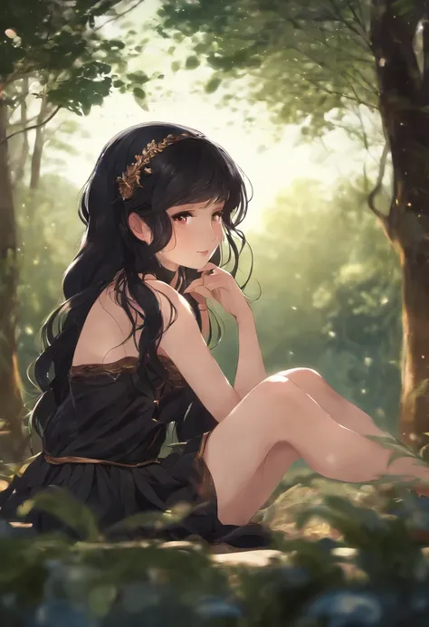 (masterpiece, best quality), 1girl(Athena_Asamiya), cute dress, long black hair, sitting, beautiful outdoor background, night, forest