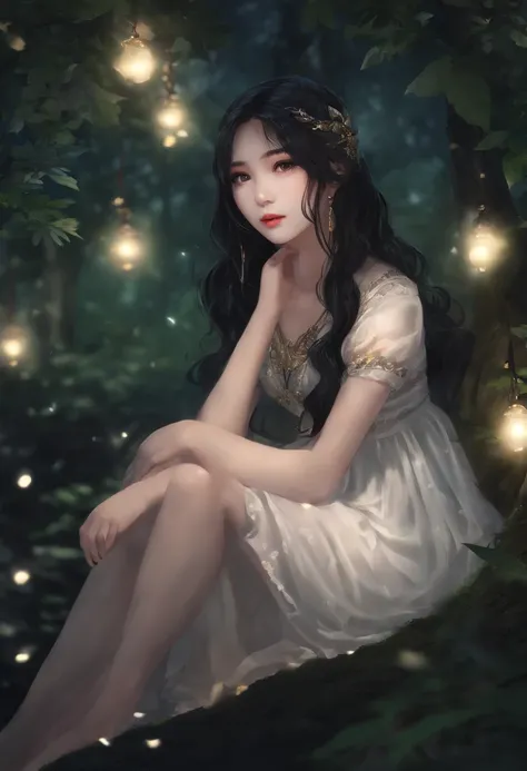 (masterpiece, best quality), 1girl(Athena_Asamiya), cute dress, long black hair, sitting, beautiful outdoor background, night, forest