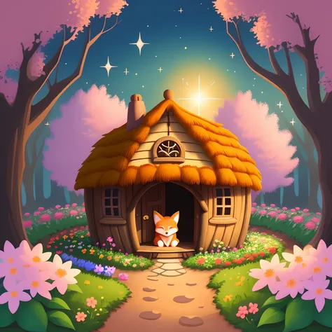 vector art of a lone cute happy fox in a fairy garden, flowers, sparkles, colorful, warm, fairy huts